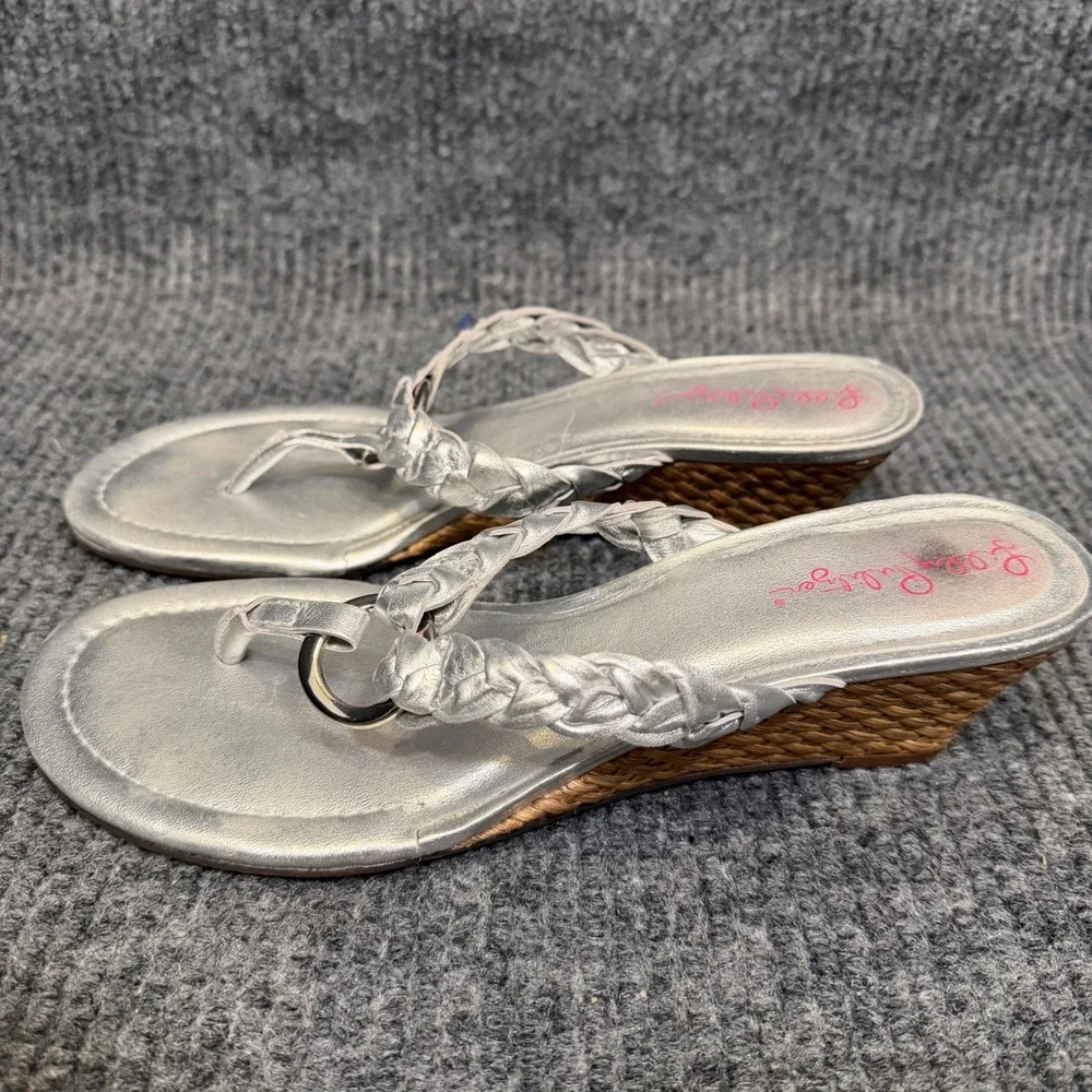 Lilly Pulitzer Wedge Sandals Womens 8.5 M Silver Braided Thong Resort Raffia
